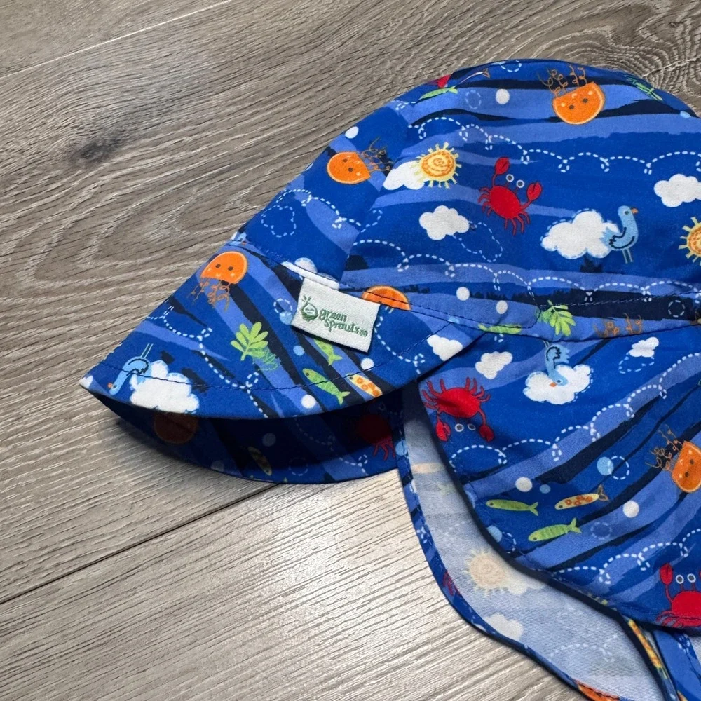 Green Sprouts Baby Sun Hat Blue Sea Life Print Flap Hat 0-6 Months
